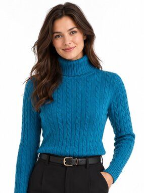 L.L.Bean Cable Knit Turtleneck Sweater Blue 100% Cotton Size M
